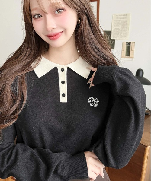 moment+ ニット セーター 12G ワンポイント刺繍入り衿付きポロニット