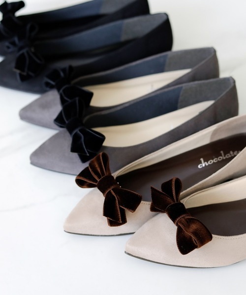 パンプス 晴雨兼用 ベルベットリボン ポインテッドトゥ パンプス「日本