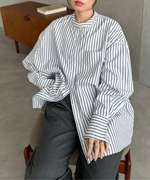 feepur（フェピュール） ブラウス シャツ ノーカラーストライプビッグ