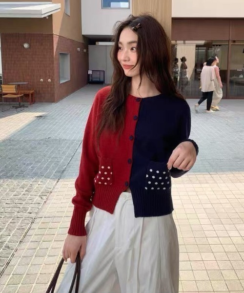 AsRiRe カーディガン バイカラードットポケットカーディガン