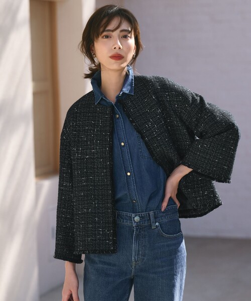 ジャケット ノーカラージャケット GIOLICA ノーカラー ツイード