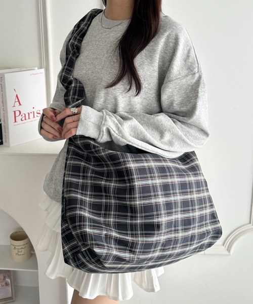 ショルダーバッグ バッグ 「A4収納可」ギャザーショルダーチェック柄