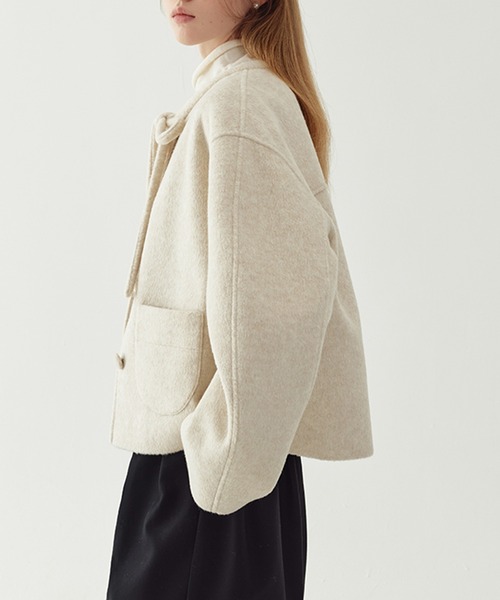 ジャケット ノーカラージャケット リボンタイ ショートウールコート