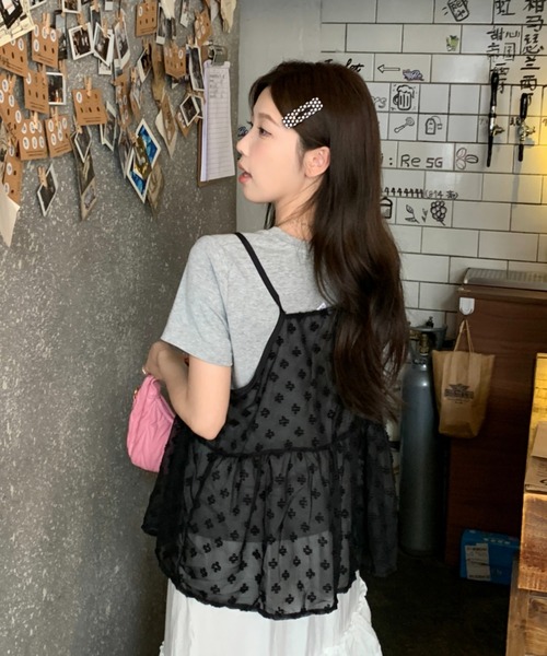 キャミソール 「前後2WAY」チュールティアード レイヤード前結びリボン