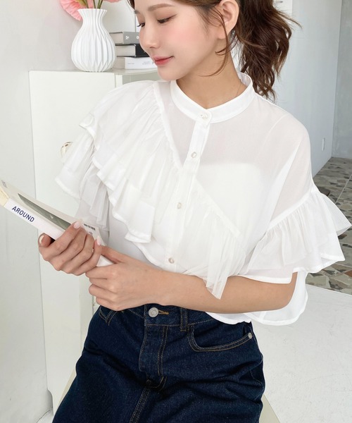 moment+ ブラウス シャツ シフォンジョーゼット半袖ダブルフリル