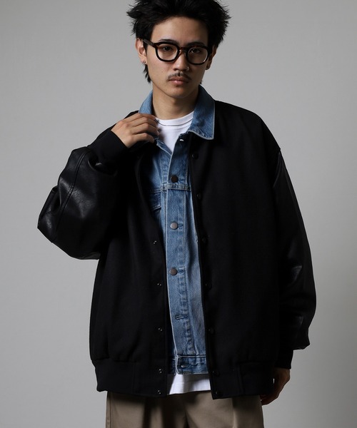 RE730 スタジャン ウールライク メルトン 袖PUレザー ビッグスタジャン