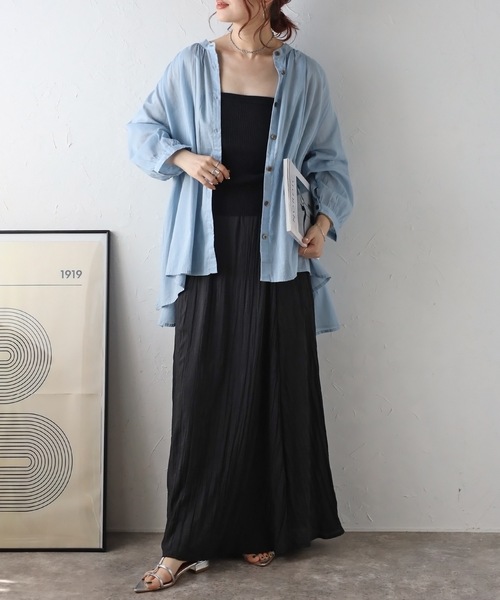 ＆HALF ブラウス シャツ ノーカラーギャザーフレアブラウス（インド綿