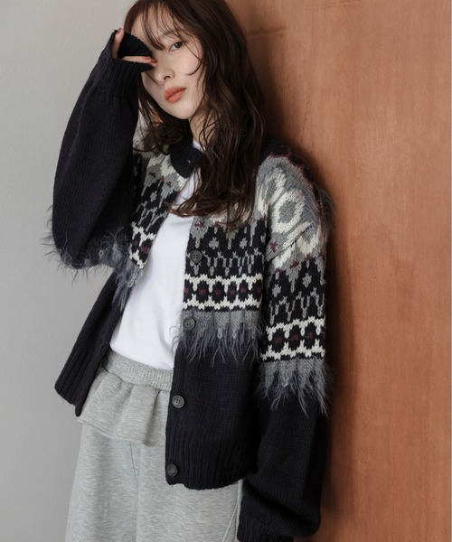 カーディガン ノルディック柄ニットカーディガン レディース