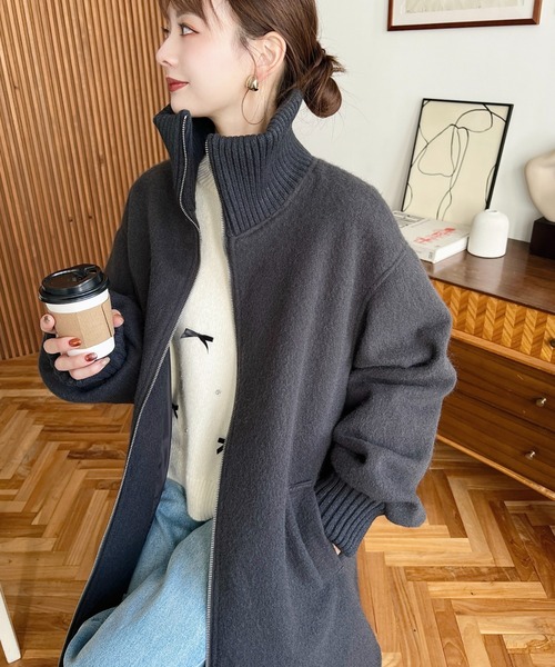 moment+ コート アウター フェイクウールモッサリブスタンドカラー