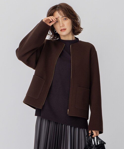 ノーカラーコート コート ウールリバー ショートコート レディース