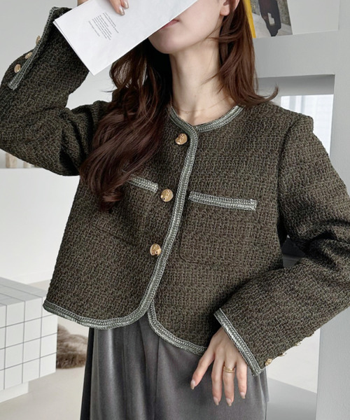 Ada. ジャケット ノーカラージャケット パイピング ツイード ライク 金
