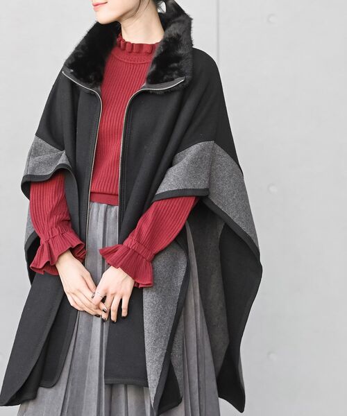 r・p・s（アールピーエス） ポンチョ フェイクファーネック配色