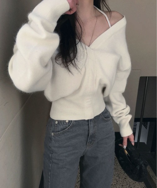 ニット セーター オフショルダー 深V ネック クロップド プルオーバー