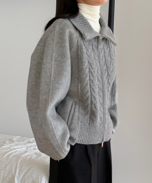 ニット セーター ケーブル編みジップアップニット レディース