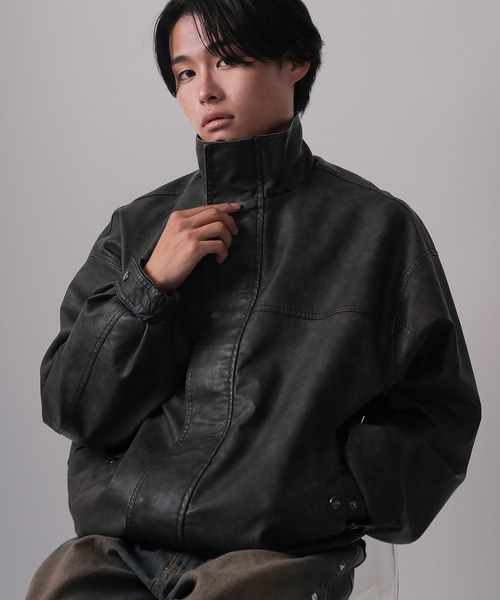 ブルゾン アウター 「82」ウォッシュ加工 フェイクレザースタンド