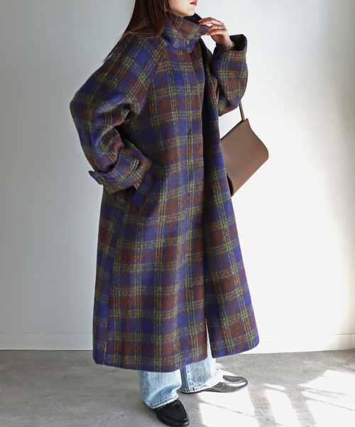 ステンカラーコート コート シャギーチェックスタンドカラーロング