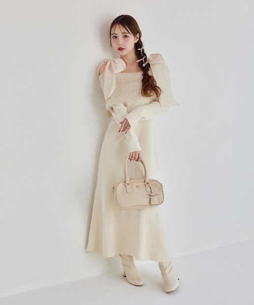 one after another NICE CLAUP ワンピース 肩リボンニットワンピース