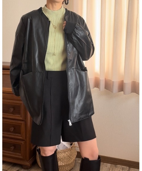 レザージャケット ライダース PUノーカラージャケット レディース
