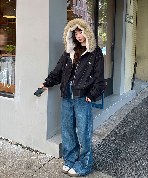 ブルゾン アウター ファー付き裏ボアジップアップブルゾン レディース