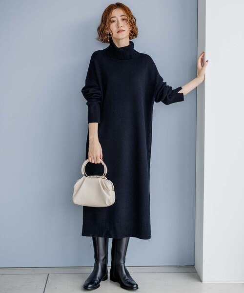 ワンピース 「洗える」ウールカシミヤ タートルネック ニット