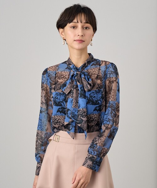 ANAYI（アナイ） ブラウス シャツ チェックフラワープリントボウタイ