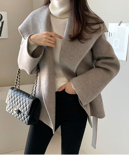 コート アウター ウエストベルト付きオーバーラップカラーショート