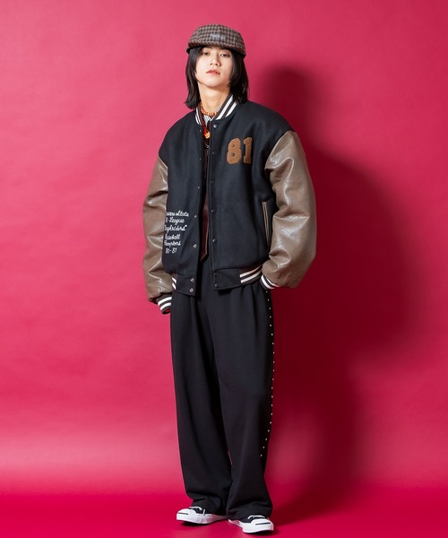 スタジャン a.p.o.v. チェーンステッチ刺繍サガラワッペンウール＆合成