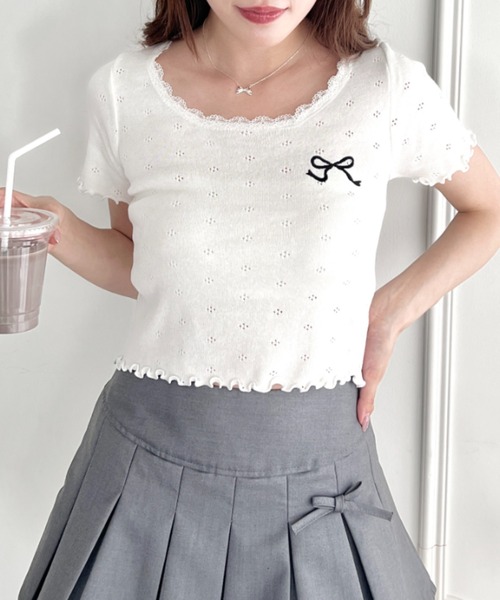 Loueme tシャツ リボン刺繍レーストリムトップス レディース