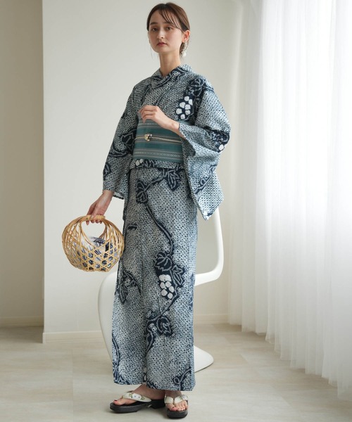 utatane 浴衣 有松絞り浴衣3点セット 鉄紺に葡萄 レディース