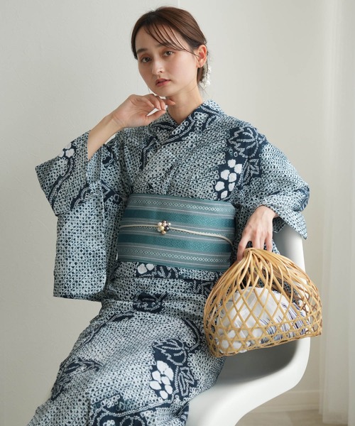 utatane 浴衣 有松絞り浴衣3点セット 鉄紺に葡萄 レディース