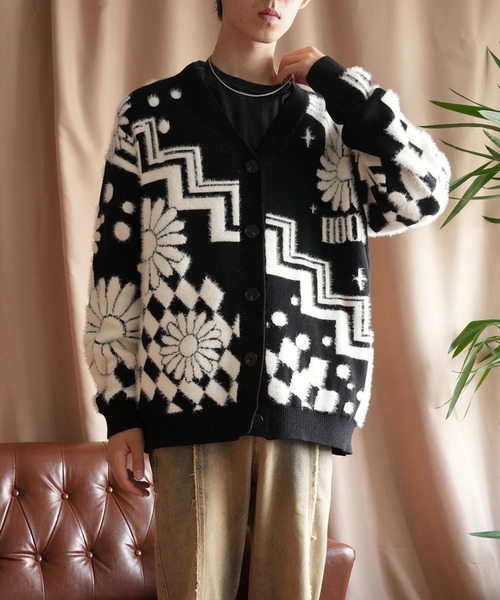カーディガン HOOK -original- レトロ調幾何学模様 部分シャギーニット