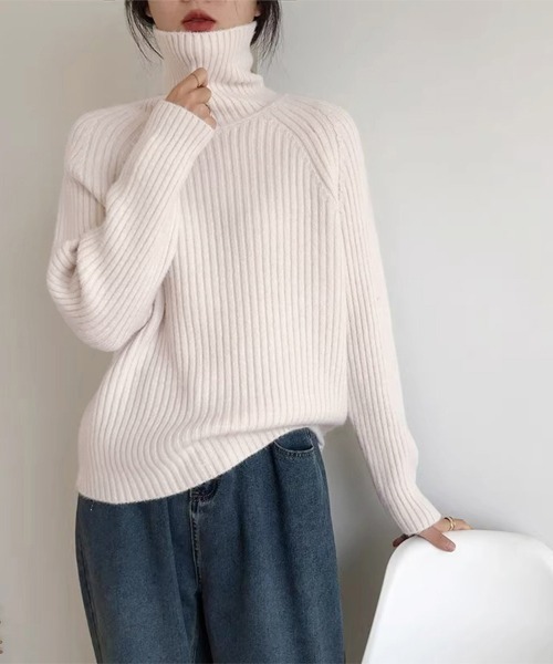 ニット セーター 厚手リブ編みハイネックニット レディース : ZOZOTOWN