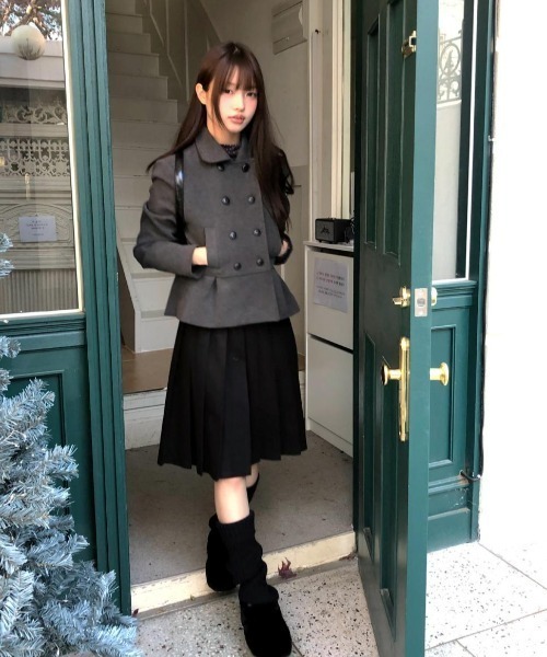 FAVORITO ピーコート pコート ダブルボタン ペプラム ショートコート