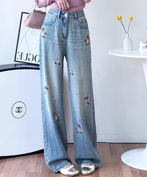 GEMEDA ジーンズ デニム デニムパンツ 花柄刺しゅうデニムパンツ