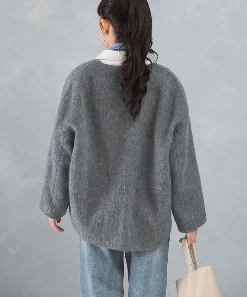 ジャケット ノーカラージャケット モヘア混シャギーミドルジャケット