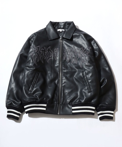 スタジャン グランジテイストなトライバルロゴ刺繍 フェイクレザー