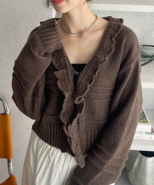 Ada. カーディガン フリルカラーホックデザイン ニットカーディガン