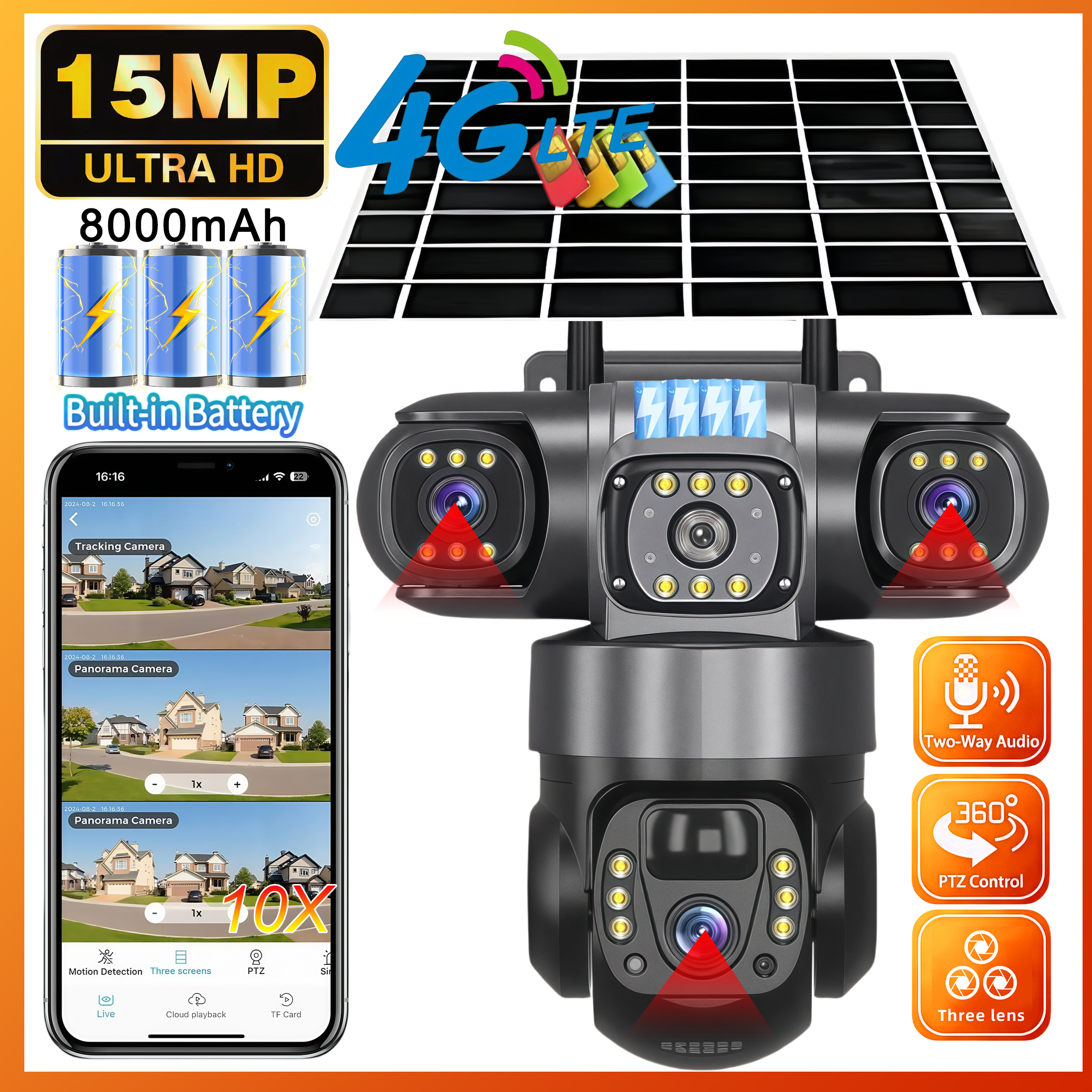 V380 Pro 3 Lens 4G IP Solar Camera HD 15 MP Outdoor Waterproof