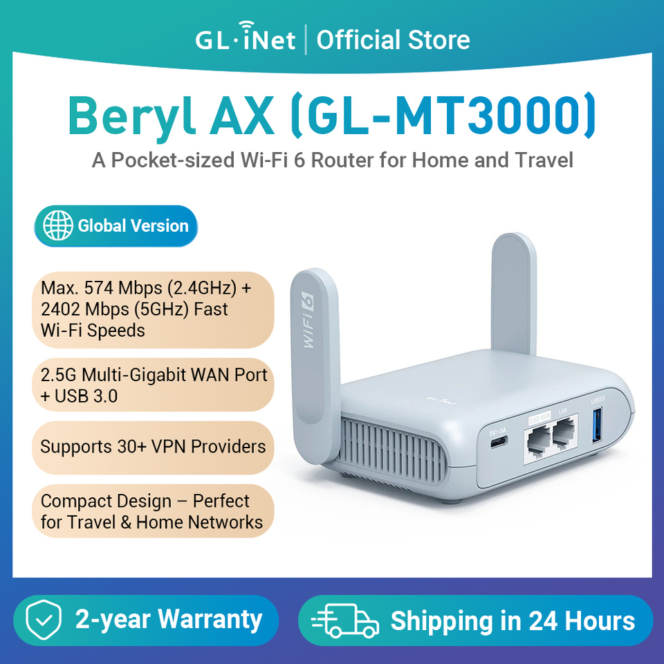 GL.iNet GL-MT3000 (Beryl AX) Wi-Fi 6 Wireless Travel Gigabit