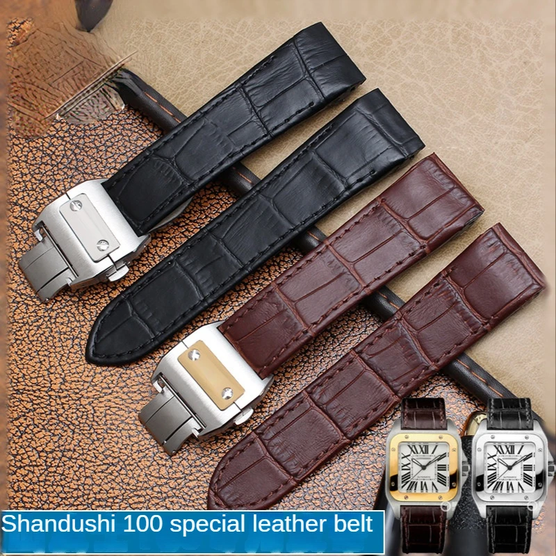 Genuine Leather Watchband for Cartier Santos 100 Watch Band Men