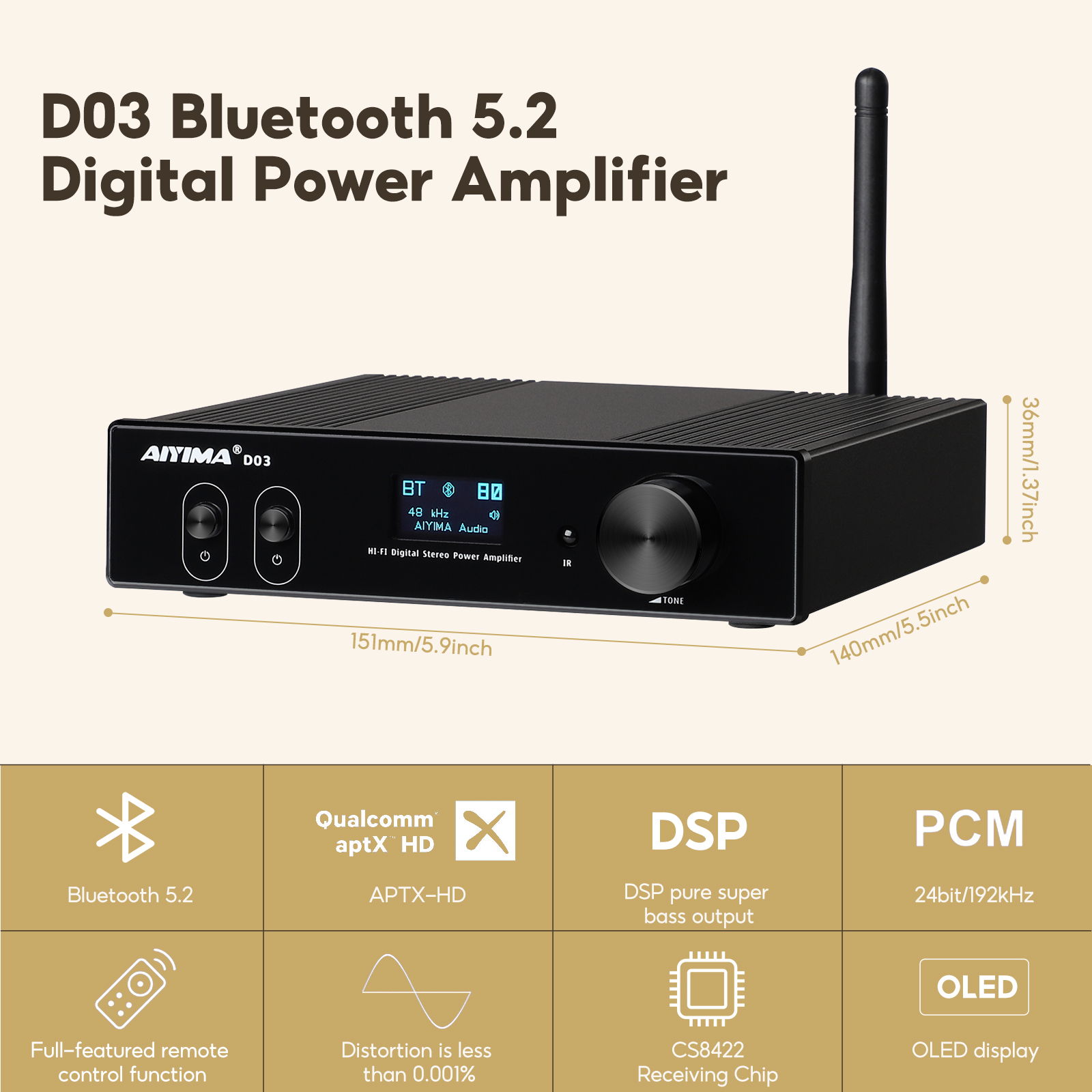 AIYIMA D03 Bluetooth Amplifier 150Wx2 Stereo HiFi Sound