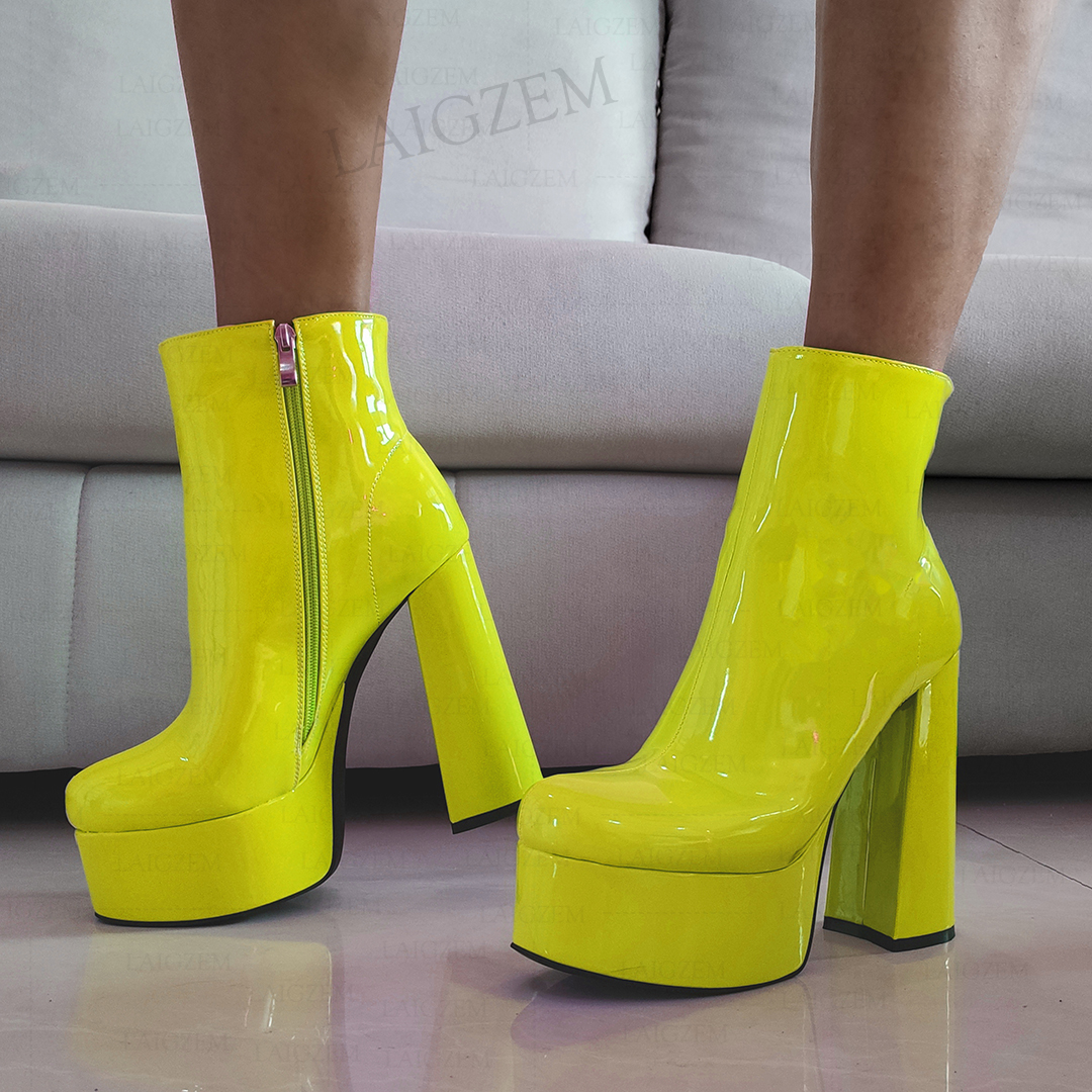 Women Ankle Boots Platform Shiny Zip Up Thick High Heels Short