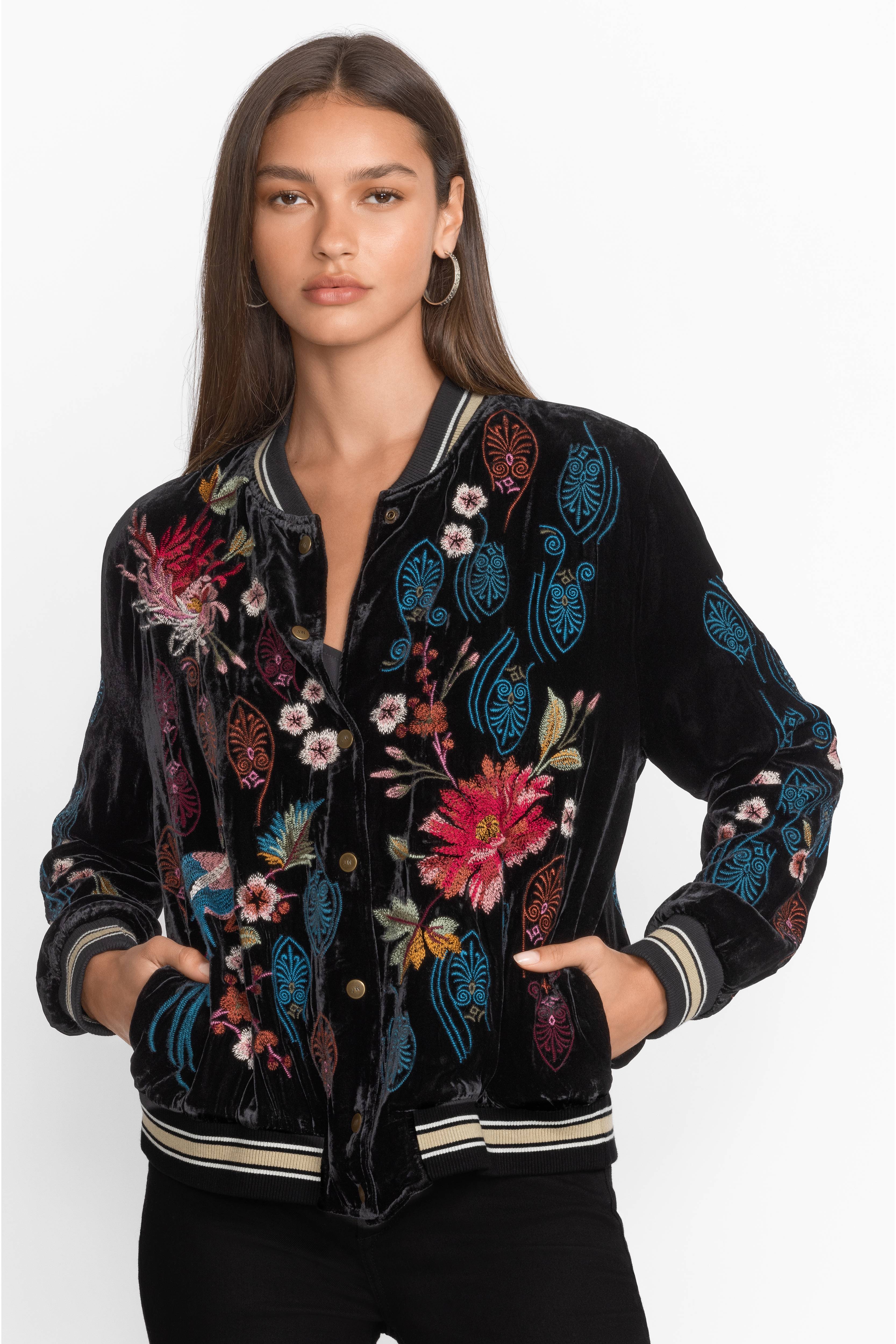 Buy Ashira Velvet Snap Front Bomber Jacket | Johnny Was