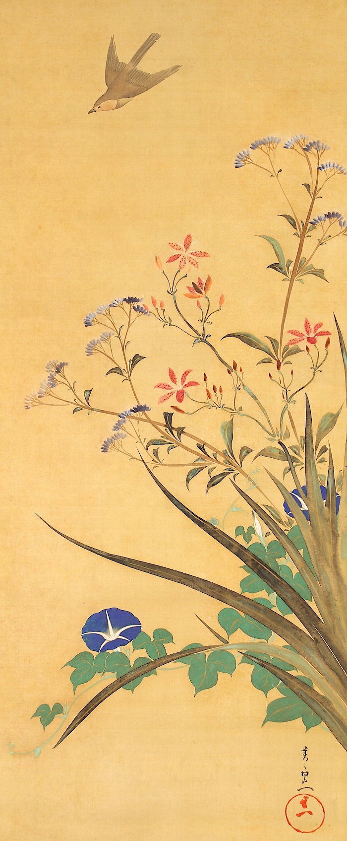 鈴木其一「朝顔小禽図」 絹本 着色 琳派 江戸絵画 / Suzuki Kiitsu