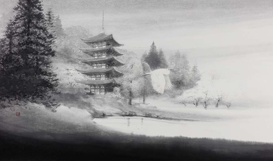 水墨画 日本の伝統的な建物自作 約120点が一堂に さがみ水墨・日本画