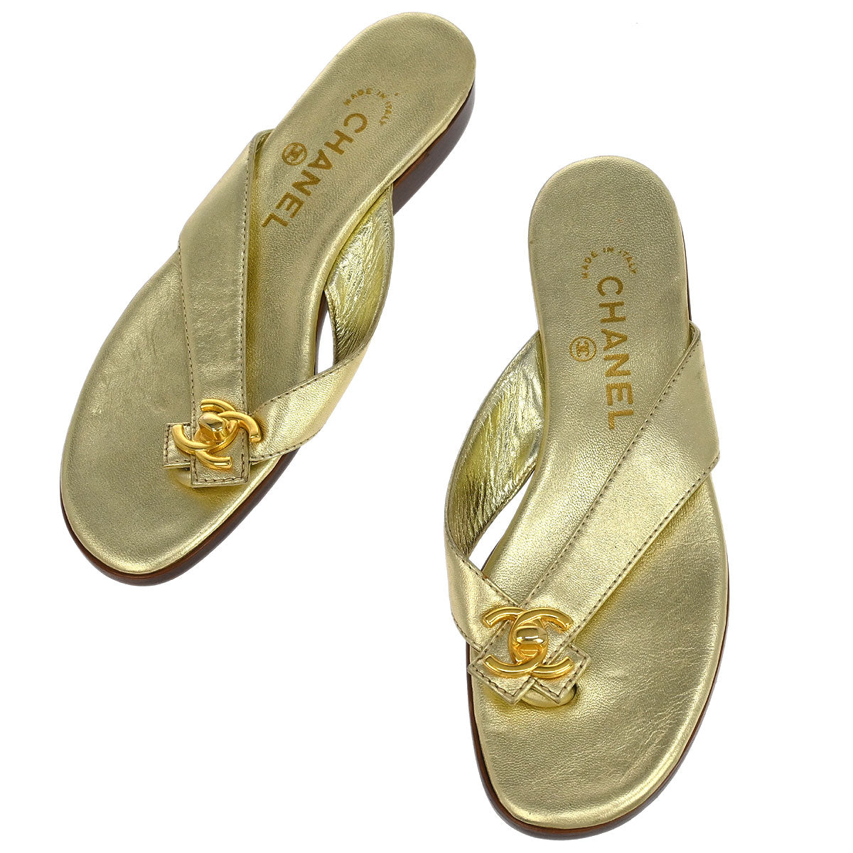 Chanel * Metallic Gold Lambskin Turnlock Shoes Sandals #37 – AMORE