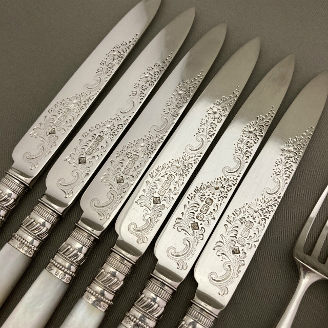 イギリス：シェフィールド「マザーパール デザートフォーク&ナイフ 6