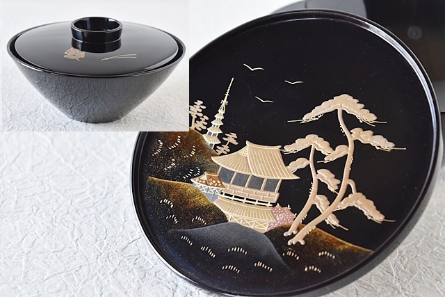 高台縁傷のみ！時代金縁黒漆に極上雲鶴蒔絵の映える煮物