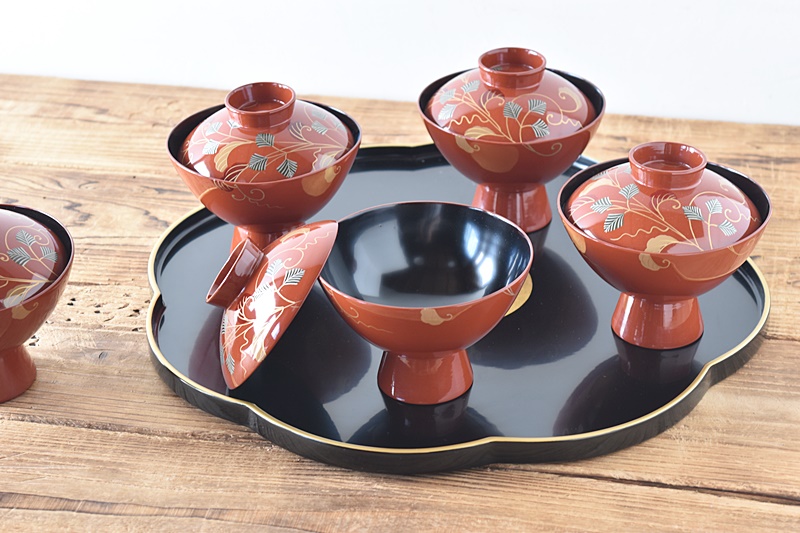 沈金蒔絵 木製漆塗吸物椀10客 時代物 お椀 汁椀 貝細工 芍薬 結び切り