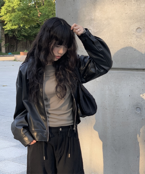 ダブルジップ裾ゴムフェイクレザージャケット | ファッション通販